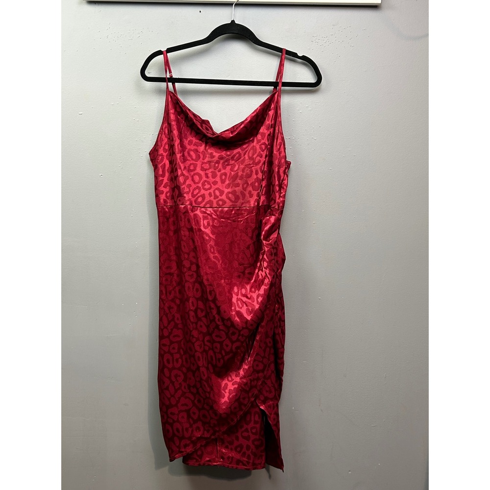 SHEIN Curve Slip Dress Womens 1XL Red Leopard Jacquard Cowl Neck Satin Midi Slit